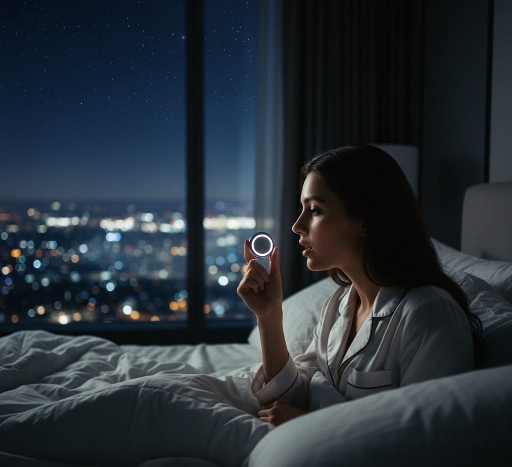 Woman using Whisp device at night